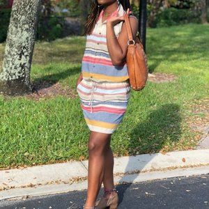 MOTHER Boho Striped Sleeveless Button Down Tie Waist Shirt Dress Small